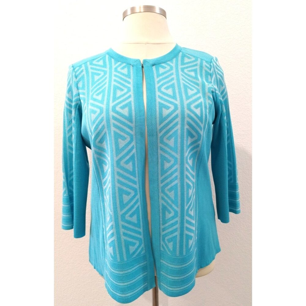 Misook Turquoise Geometric Open Front 3/4 Sleeves Cardingan XL
